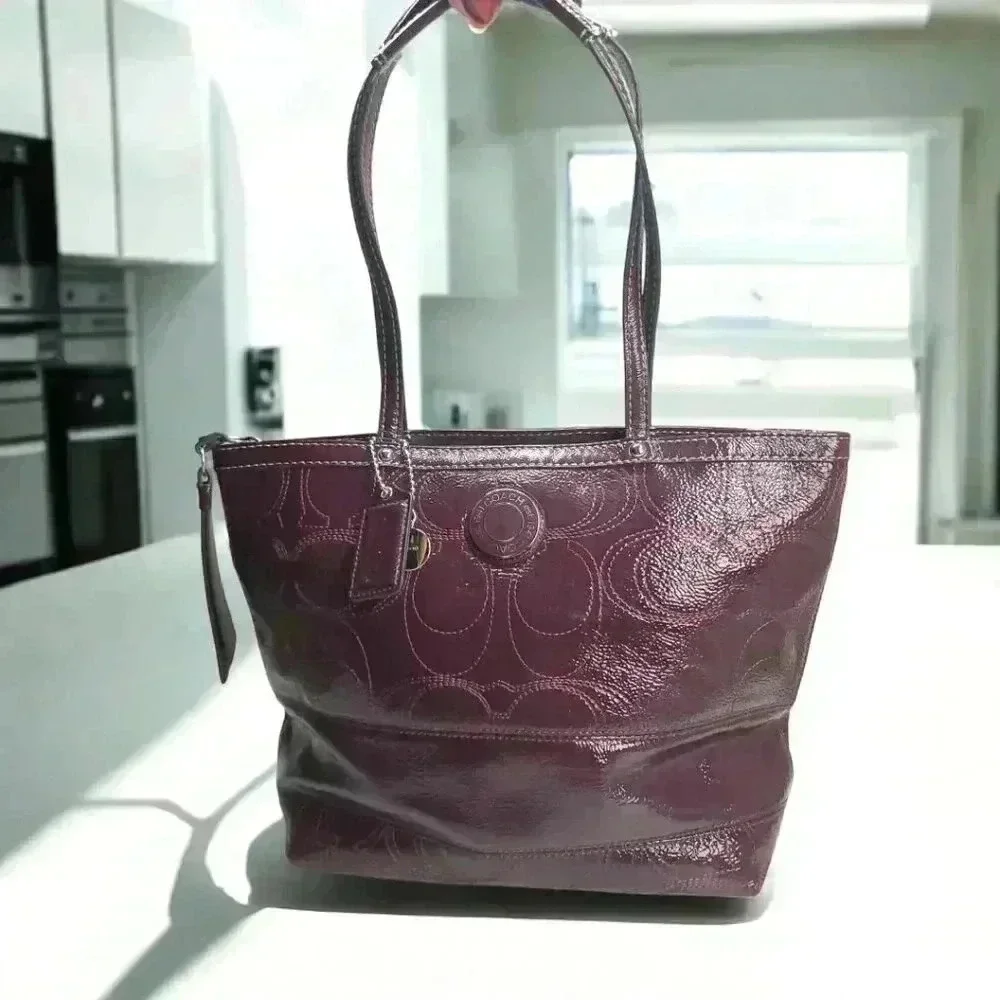 COACH Plum/ Burgundy Signature Patent Leather Tote - Picture 3 of 12